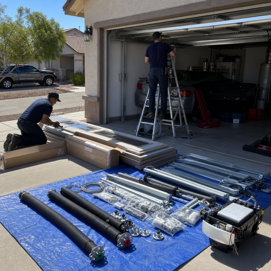 Garage door installation in progress with workers and parts