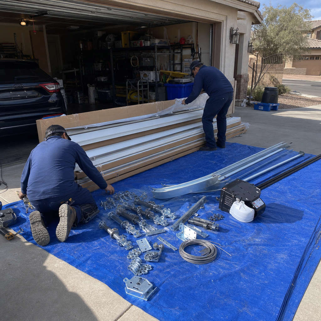Garage door installation hardware and components organized on a blue tarp