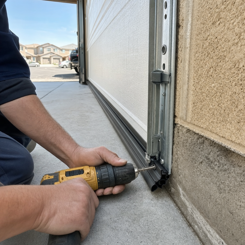 Garage door installation professional screwing in bottom seal