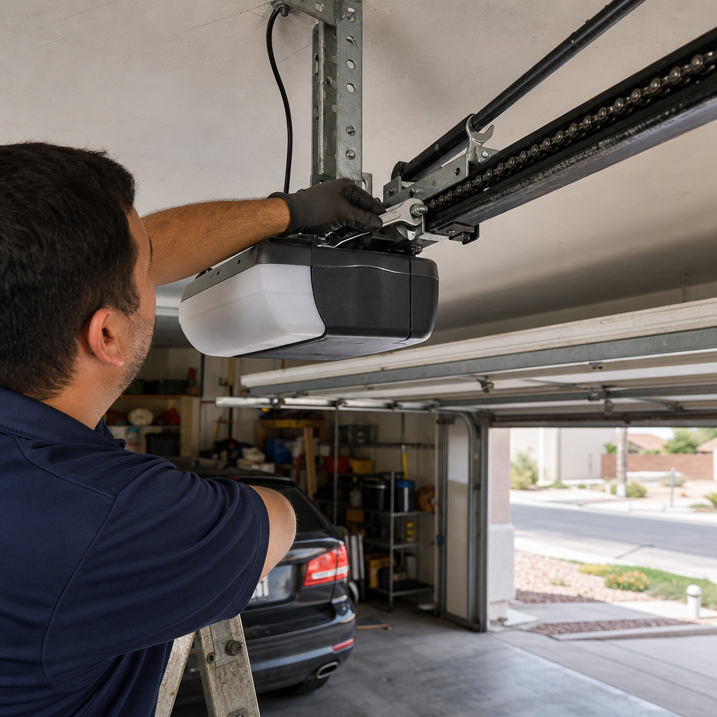 Technician adjusting garage door opener with a wrench.