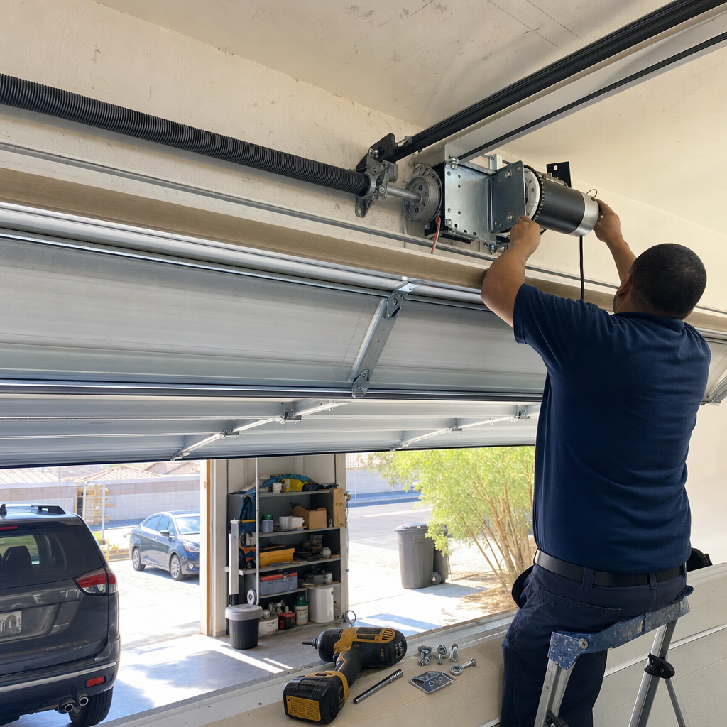 Garage door opener installation by a professional technician.