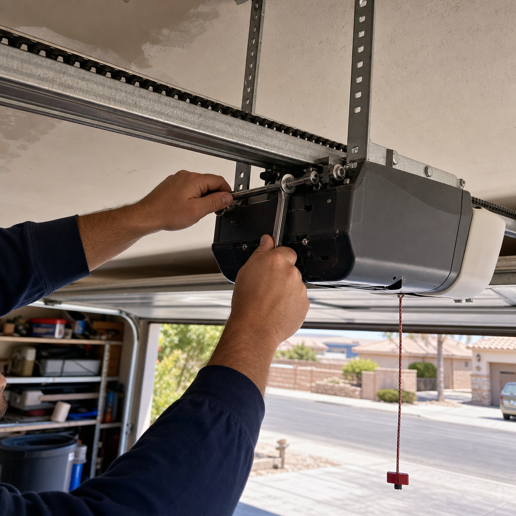 Professional installing or repairing a garage door opener mechanism