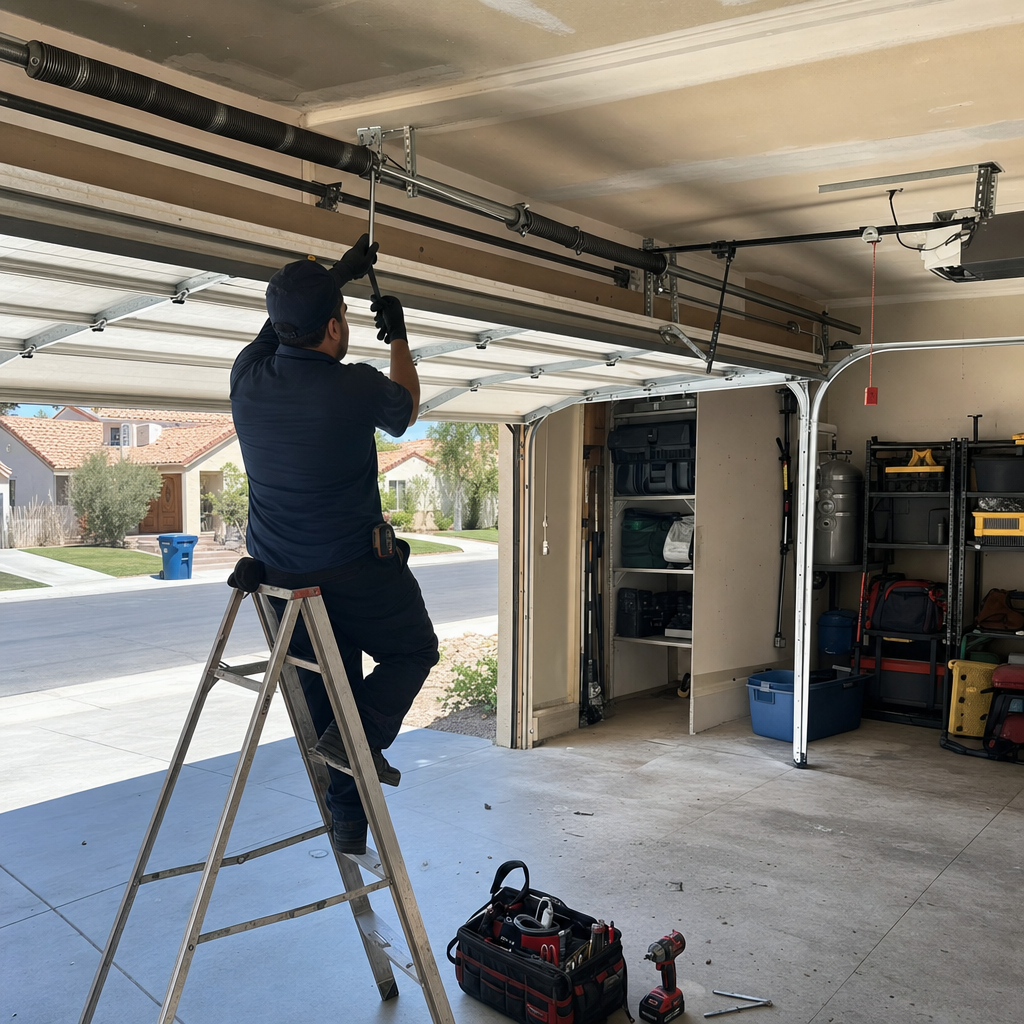 Garage door repair technician working on overhead door springs