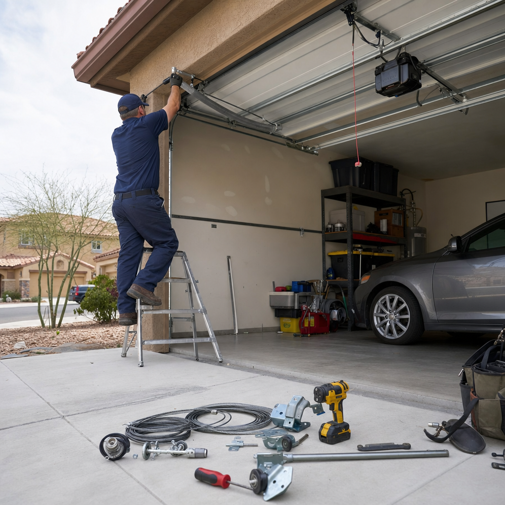 Garage door technician installing parts on ladder in North Las Vegas, NV